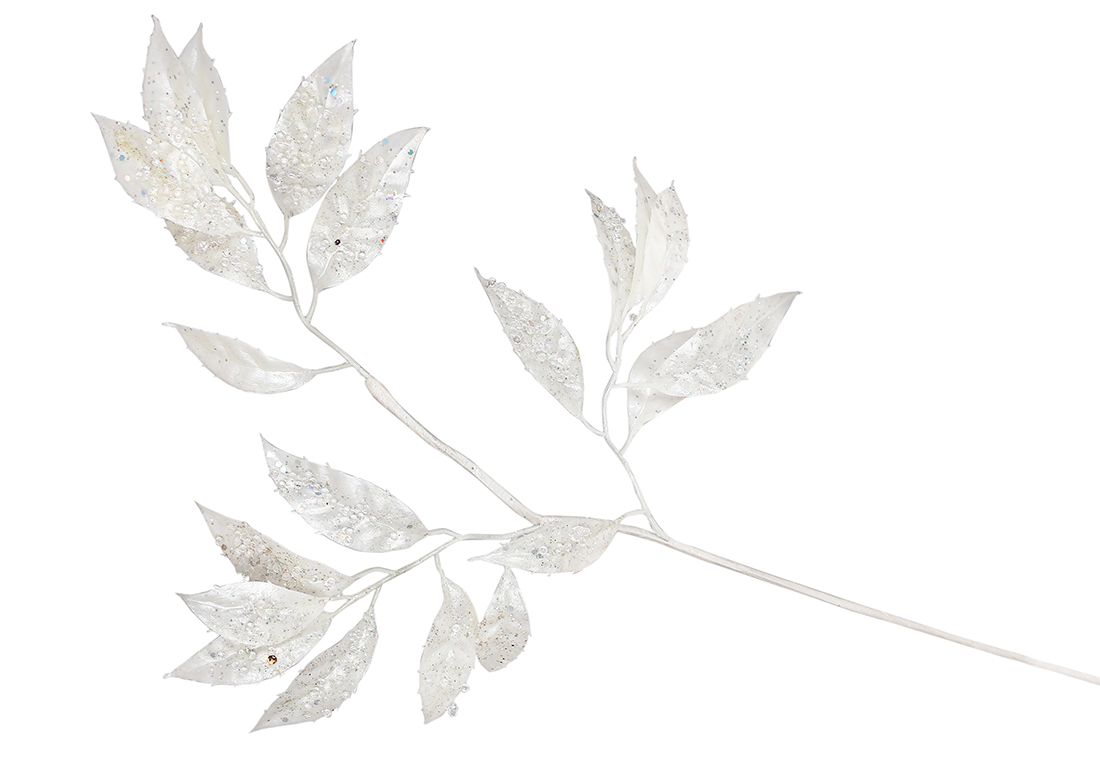 Декоративна гілка листя 66см, колір - білий перламутр з глітером - Фото