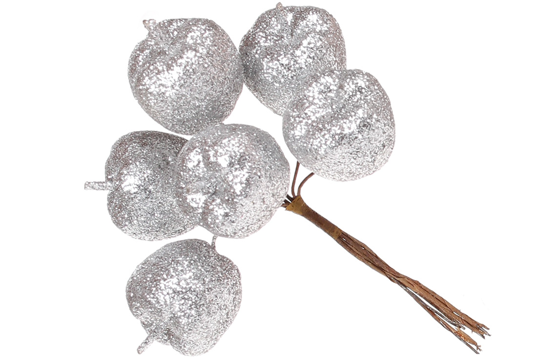 Декоративний букетик яблук 6шт, 12см, колір - срібло - Фото