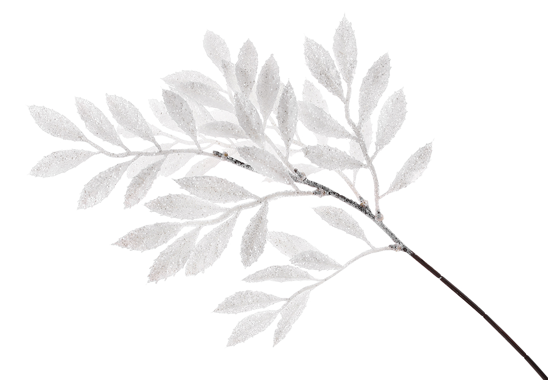Гілка з листям у білому гліттері 48см - Фото