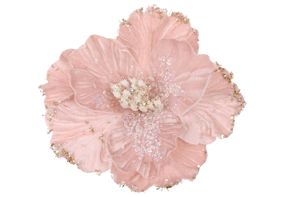 Оксамитова квітка Камелія з декором з бесеру 21см, колір - пудровий - Фото