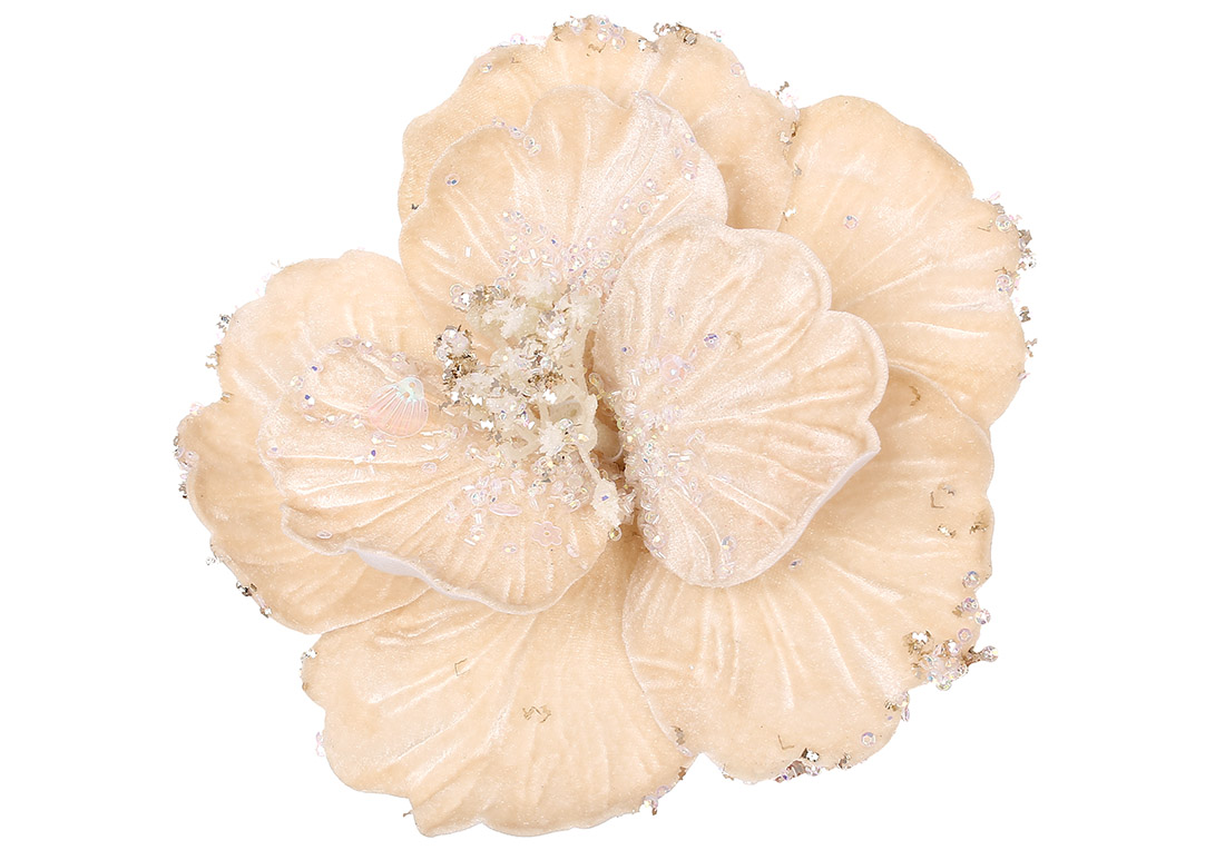 Оксамитова квітка Камелія з декором з бісеру 21, колір - шампань - Фото