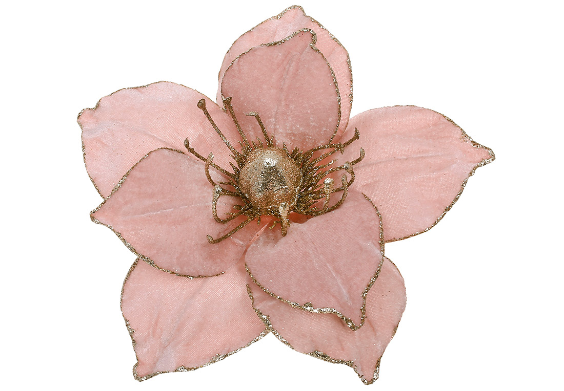 Оксамитова квітка Магнолія з гліттером 24см, колір - рожевий - Фото