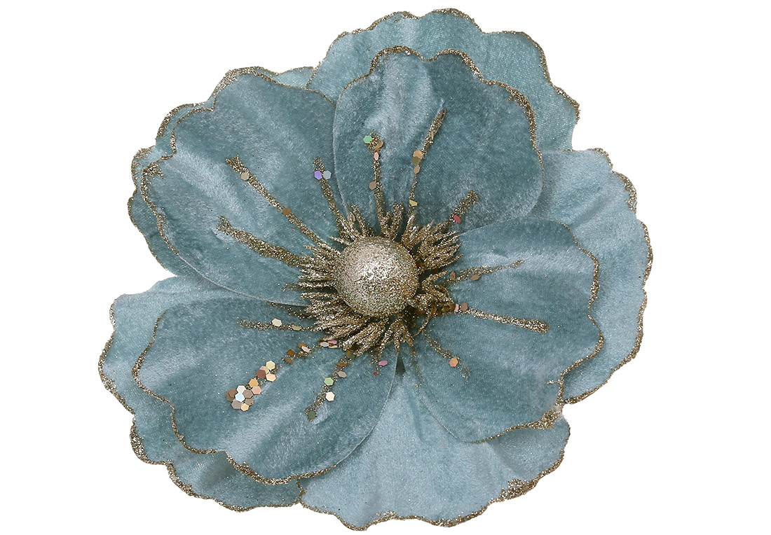 Оксамитова квітка Камелія з гліттером 21см, колір - блакитний - Фото