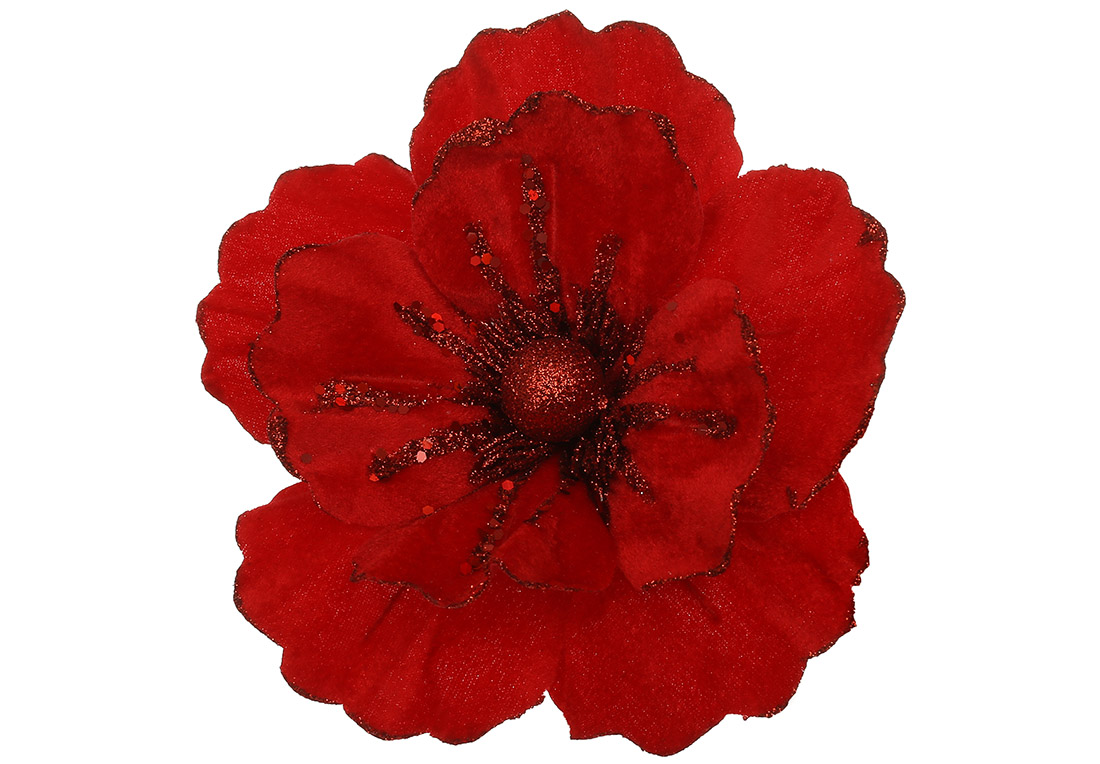 Оксамитова квітка Камелія з гліттером 21см, колір - червоний - Фото