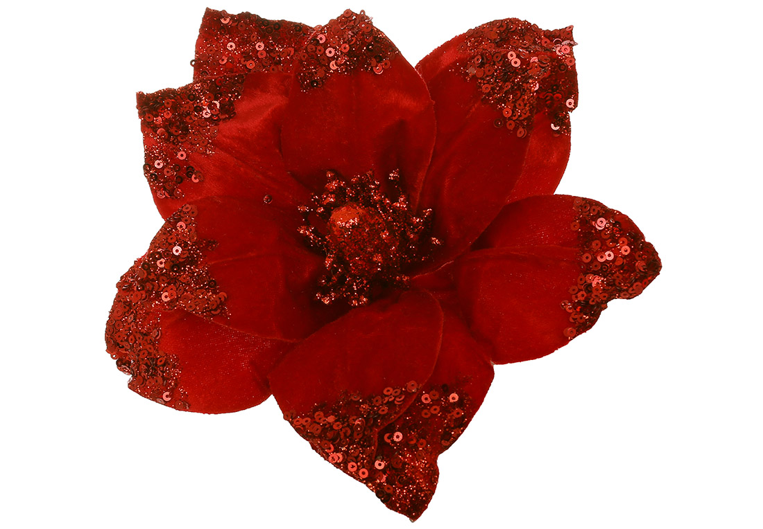 Оксамитова квітка Магнолія в паєтках 26см, колір - червоний - Фото