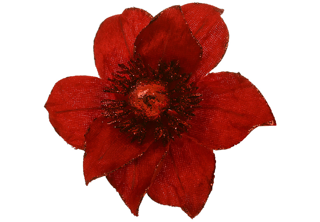 Оксамитова квітка Магнолія 15см, колір - червоний з гліттером - Фото