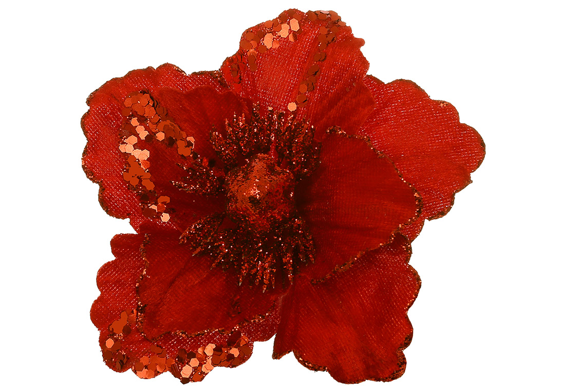 Оксамитова квітка Магнолія в паєтках 15см, колір - червоний - Фото