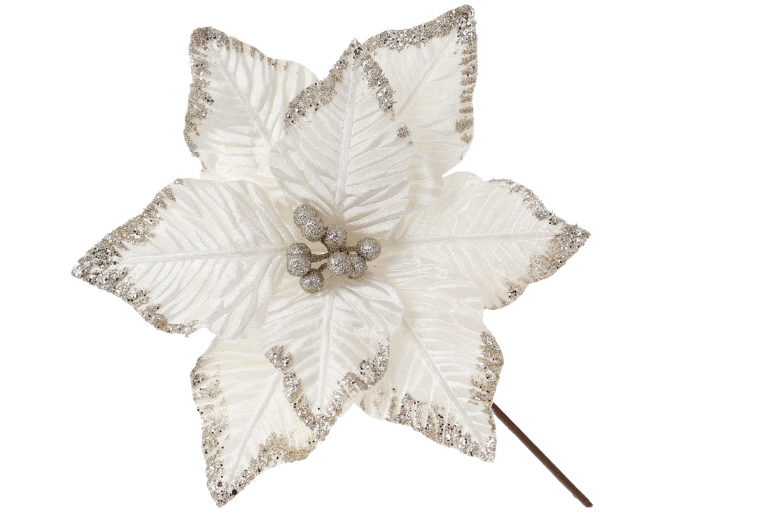 Декоративна квітка Пуансетія 29см, колір - білий з шампанню - Фото