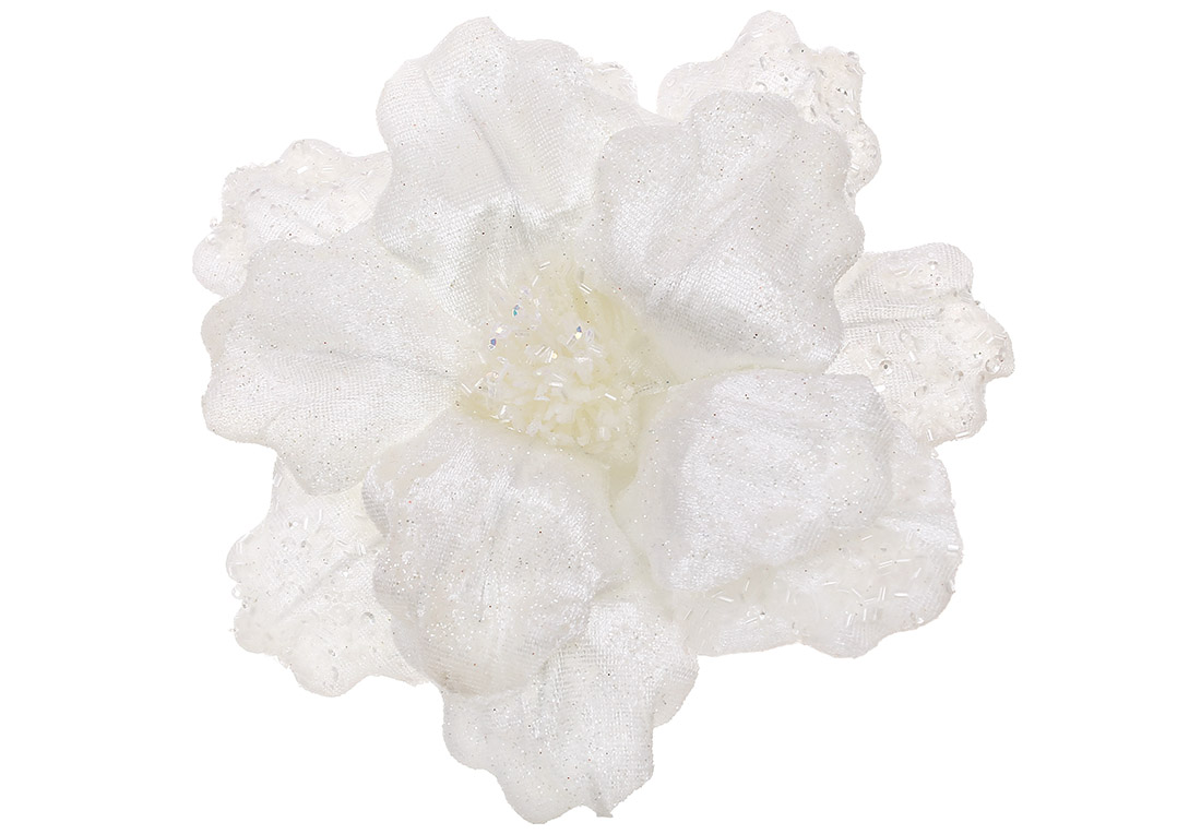 Оксамитова квітка Магнолія з декором з бісеру 21см, колір - білий - Фото