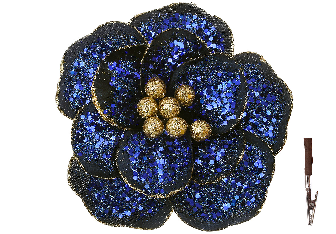 Декоративна квітка Магнолія на кліпсі в паєтках D17см, колір - синій з шампанню - Фото