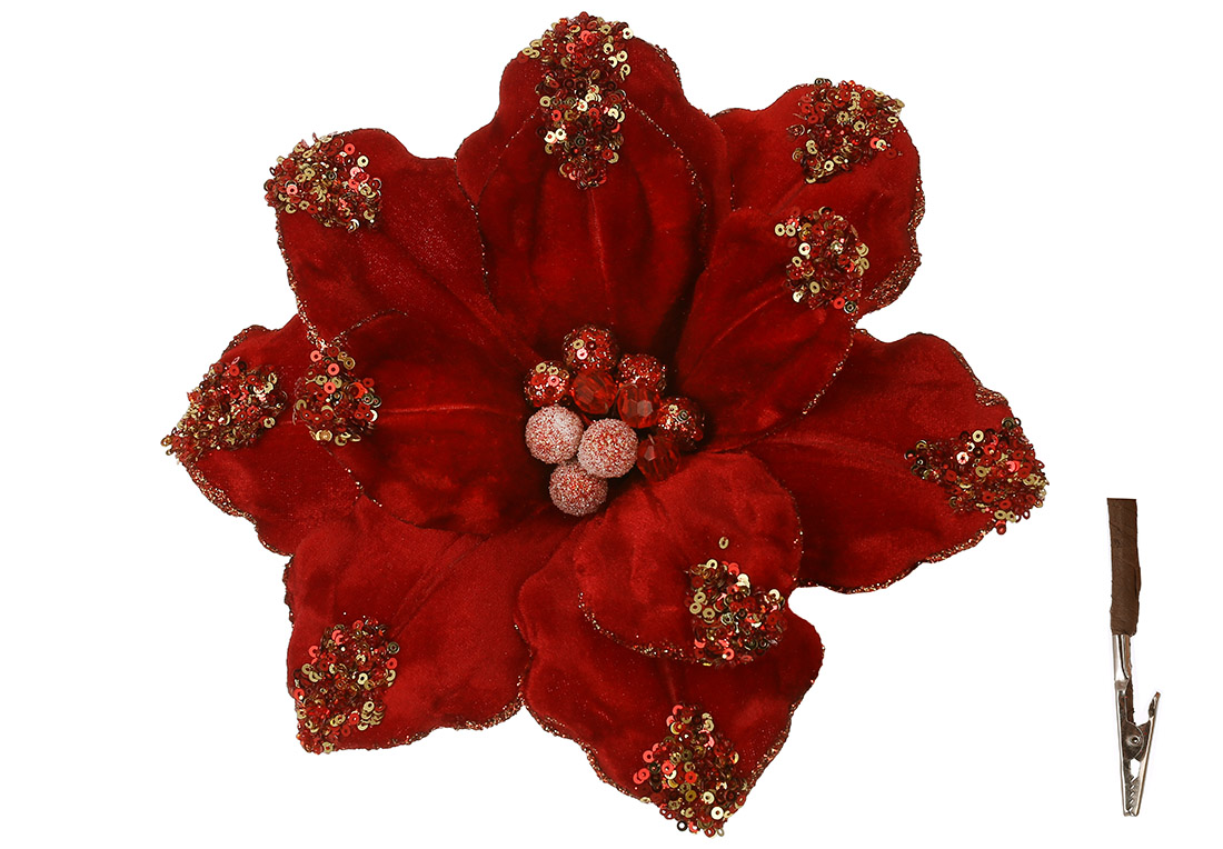 Оксамитова квітка Магнолія на кліпсі, з бісером та паєтками D27см, колір - червоний з золотом - Фото