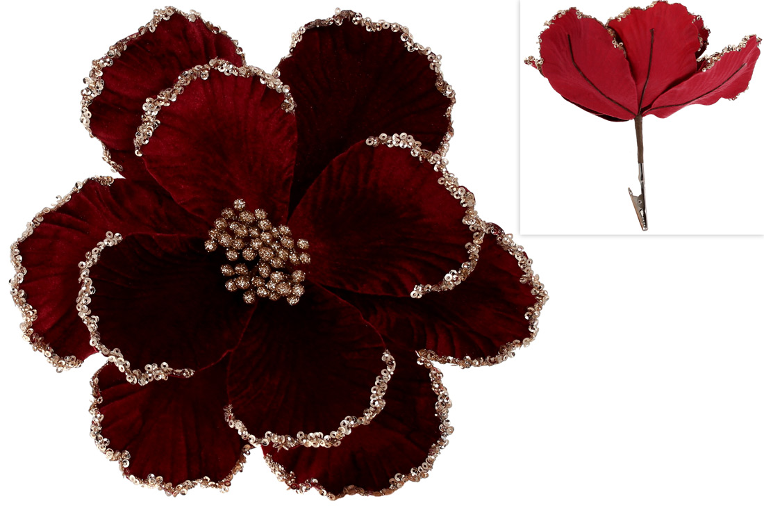 Декоративна квітка Камелія 25см на кліпсі, колір - бордо. - Фото