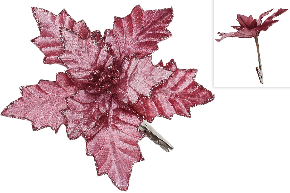 Декоративна квітка Пуансетія 18см на кліпсі, колір - темно-рожевий - Фото