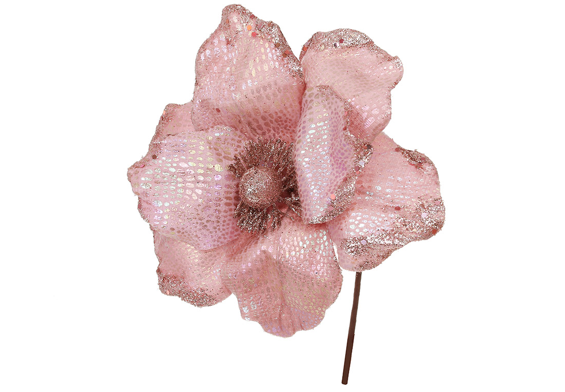 Новорічна оксамитова квітка з глітером D22см, колір - рожевий - Фото