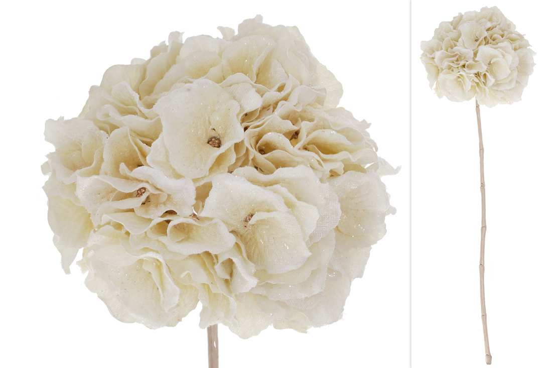 Преміальна оксамитова Гортензія з гліттером на нозі 62 см, колір - кремова шампань - Фото