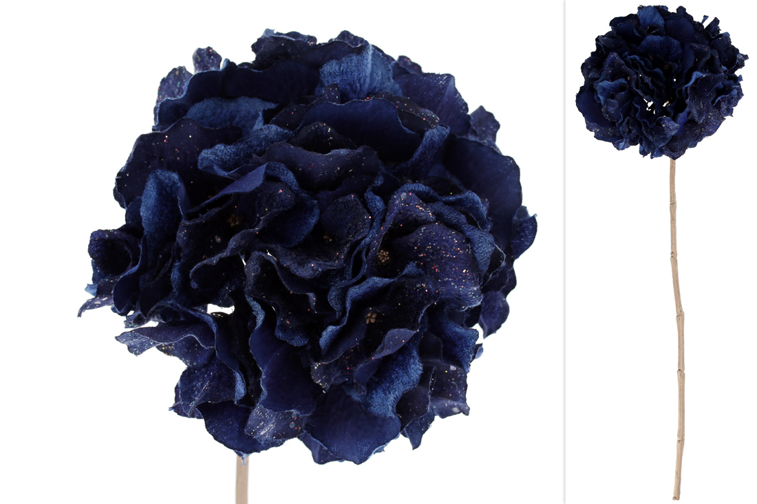 Преміальна оксамитова Гортензія з глітером на нозі 62 см, колір - королівський синій - Фото
