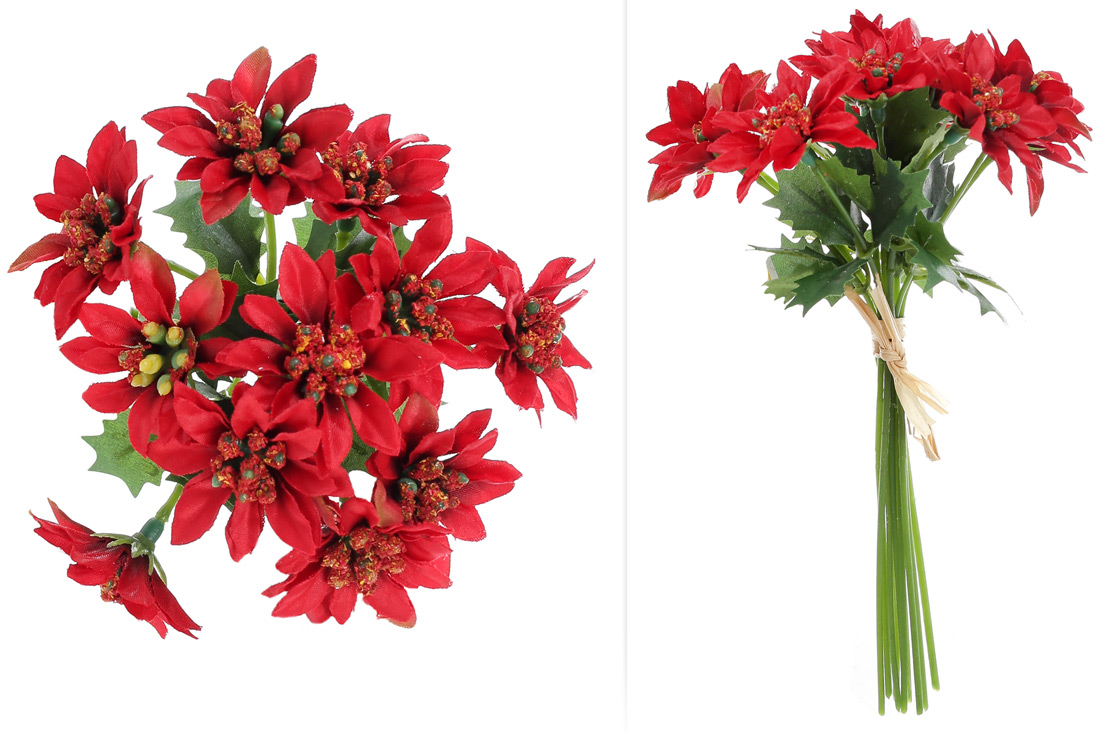 Декоративний букет пуансеттій 18см, колір - червоний - Фото