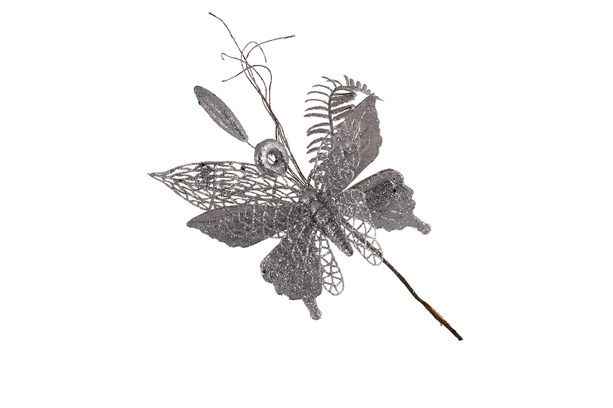 Декоративний букет з метеликом, 13см, колір - срібло - Фото