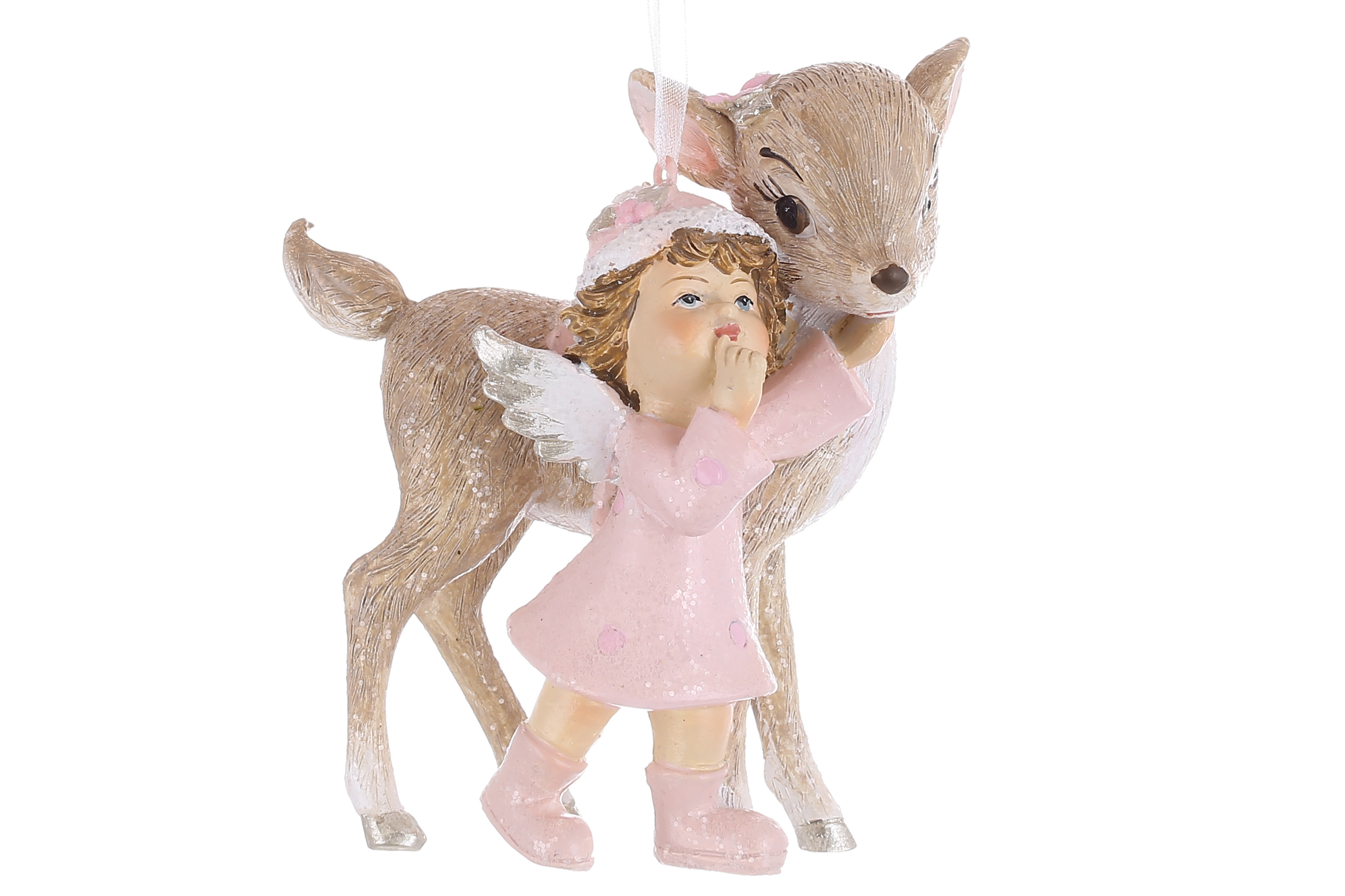 Декоративна підвіска Оленя з янголятком 8.5*4.5*10.5см, колір - бежевий з рожевим - Фото