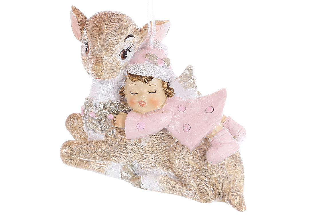 Декоративна підвіска Оленя з янголятком 9.5*4*7см, колір - бежевий з рожевим - Фото
