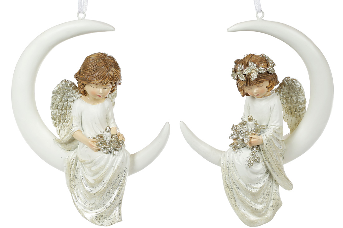 Декоративна підвіска Ангел на місяці, 10.5*5*14.5см, 2 дизайни, колір - кремовий з шампанню - Фото