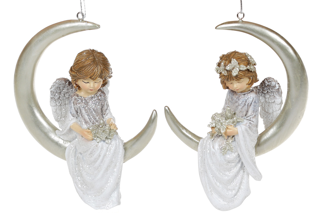Декоративна підвіска Ангел на місяці, 10.5*5*14.5см, 2 дизайни, колір - шампань із сірим - Фото