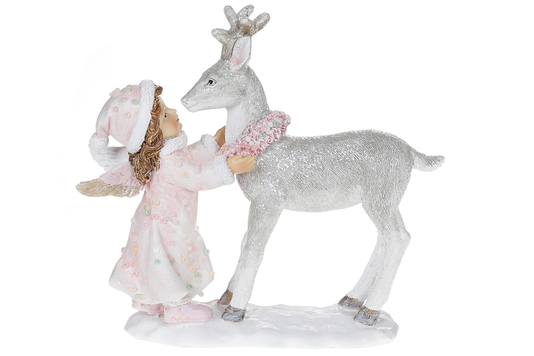 Декоративна статуетка Янгол з Оленятком, 14.5см, колір - біло-рожевий - Фото