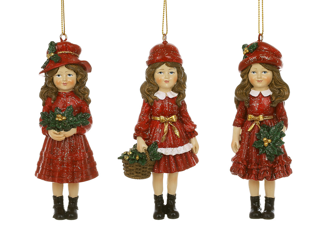 Декоративна підвіска Дівчинка з різдвяником 11см, 3 дизайни, колір - червоний - Фото
