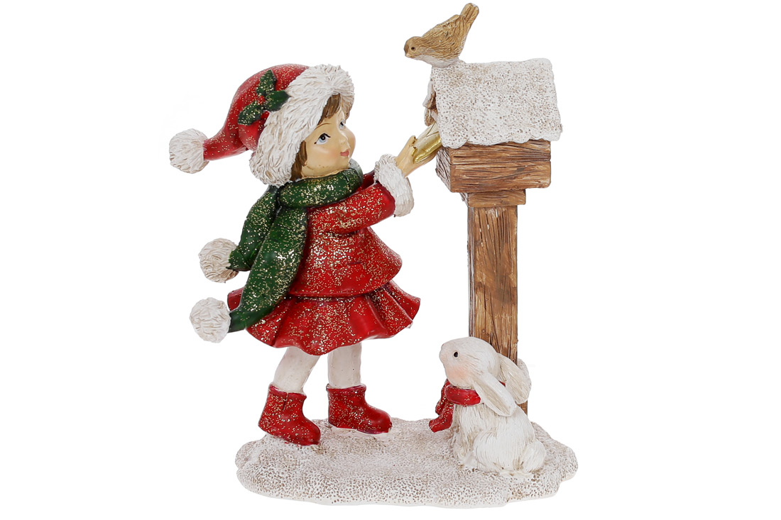 Декоративна статуетка Дівчинка з листом 13.5см, колір - червоний, зелений з білим - Фото