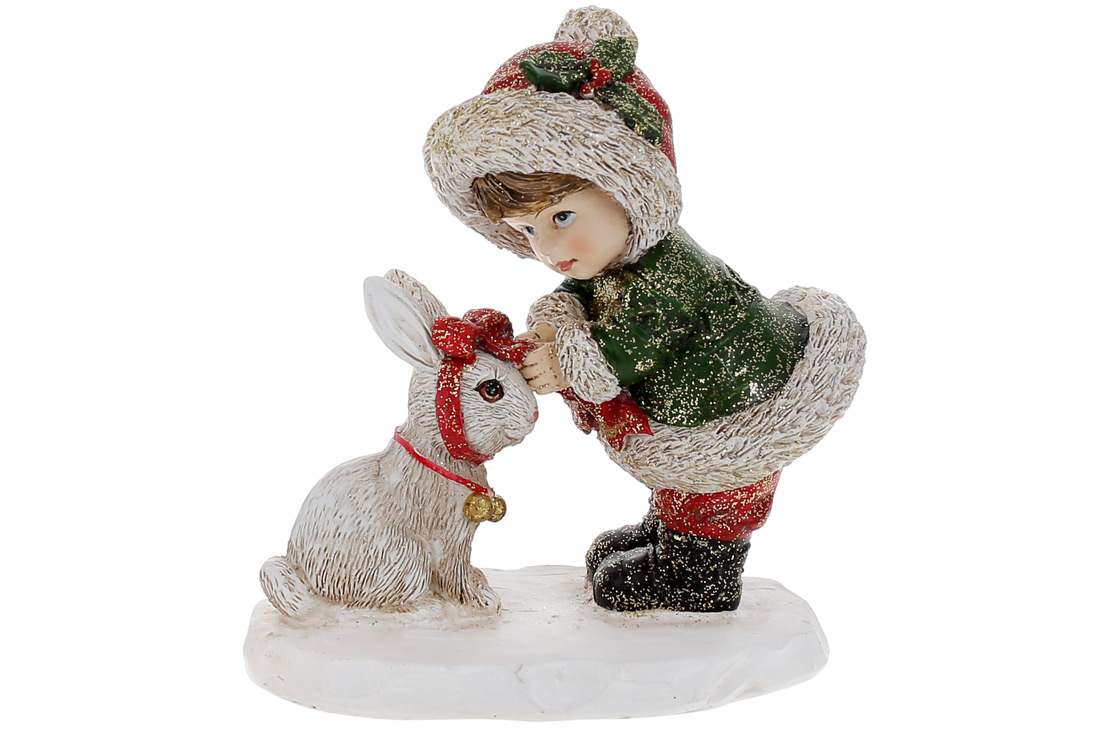 Декоративна статуетка Дівчинка з кроликом 10см, колір - червоний, зелений з білим - Фото