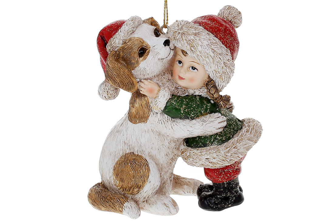 Декоративна фігурка на підвісі Дівчинка з цуценям 10см, колір - червоний, зелений з коричневим - Фото