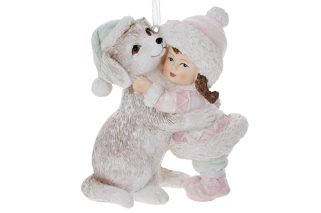 Декоративна фігурка на підвісі Дівчинка з цуценям 10см, колір - рожевий беж - Фото