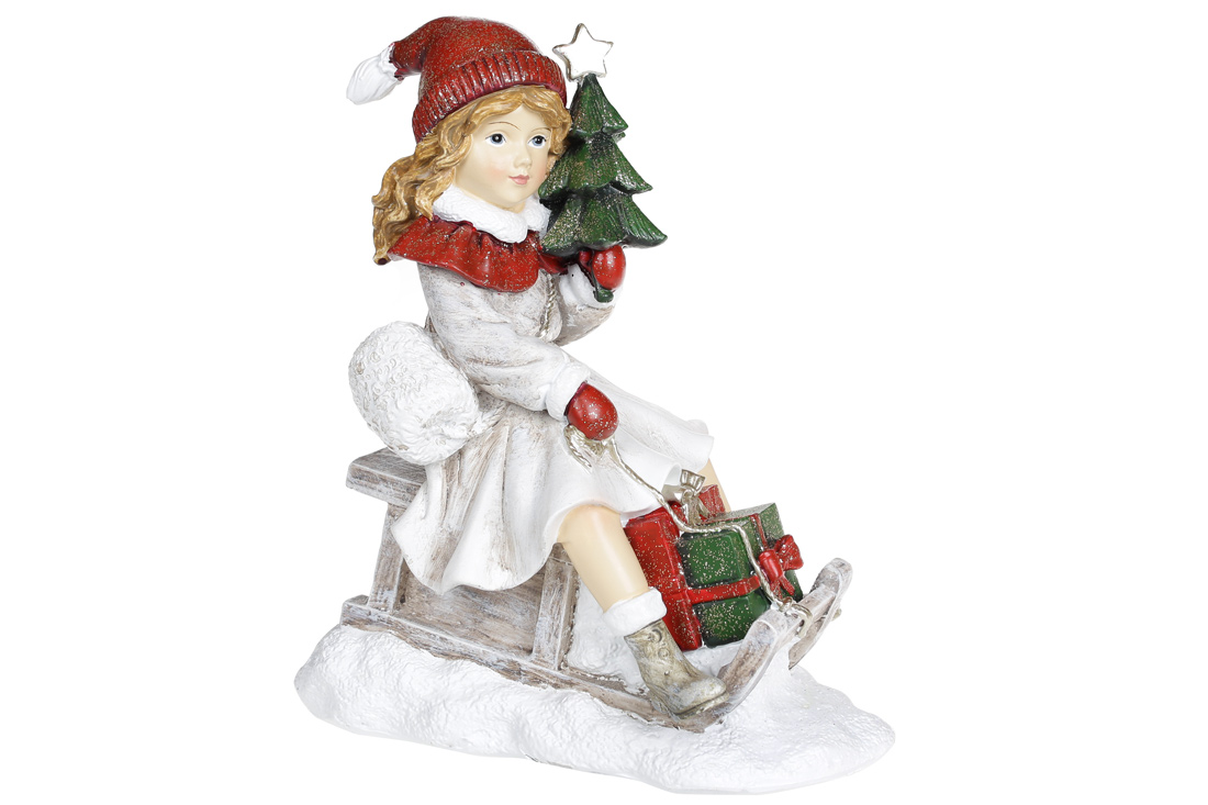 Декоративна статуетка Дівчинка з ялинкою на санчатах, 22см, колір - вінтажний білий з червоним - Фото