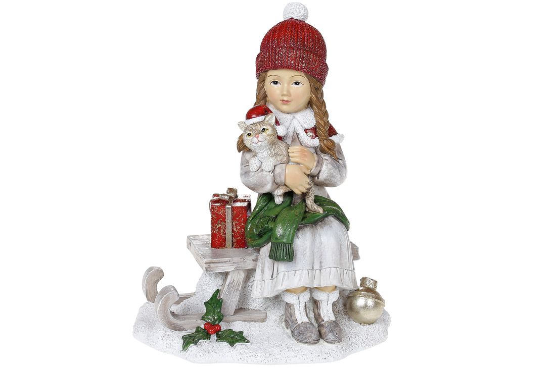 Декоративна статуетка Дівчинка з кішкою, 17.5см, колір - сірий вінтажний з червоним - Фото
