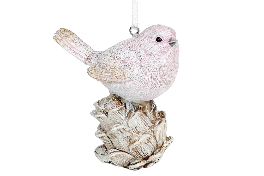 Декоративна підвісна фігурка Пташка на шишці, 9см, колір - бежево-рожевий - Фото