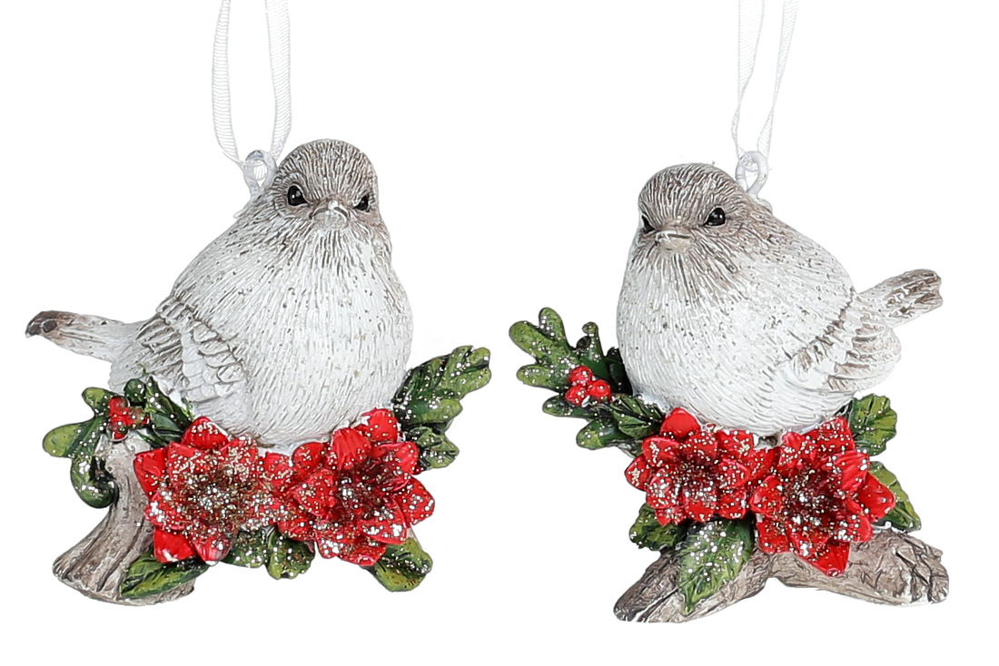 Декоративна підвісна фігурка Пташка в квітах, 6см, 2 дизайни, колір - білий вінтажний з червоним - Фото