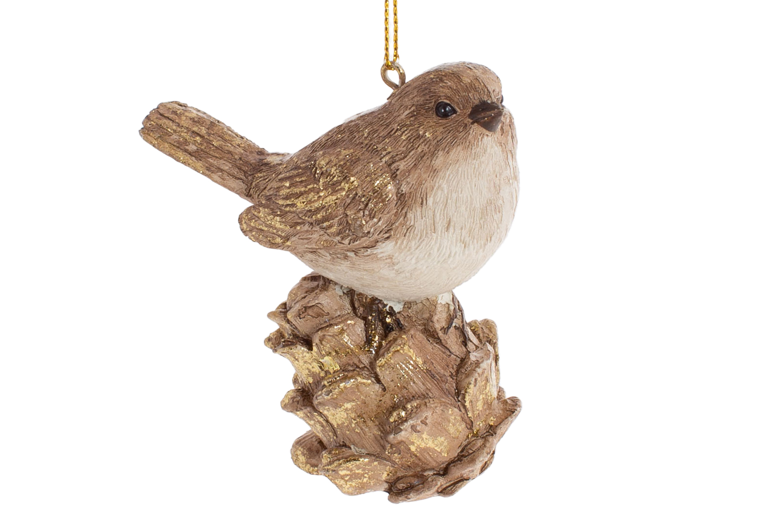 Декоративна підвісна фігурка Пташка на шишці, 7,5см, колір коричневий із золотом - Фото