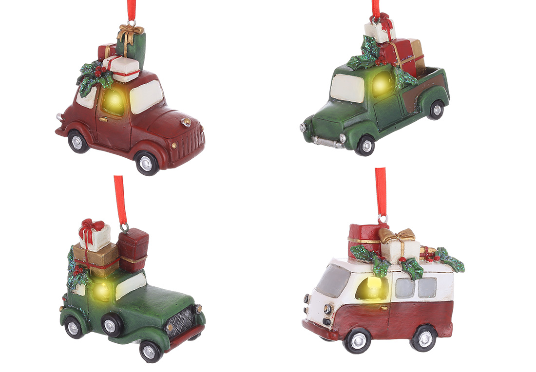 Декоративна підвіска з LED Машинка з подарунками, 7.5см, 4 дизайни - Фото