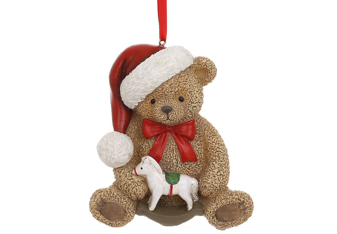 Декоративна підвіска Ведмедик з конячкою-гойдалкою 9.5*6.5*10.5см, колір - коричневий з червоним - Фото