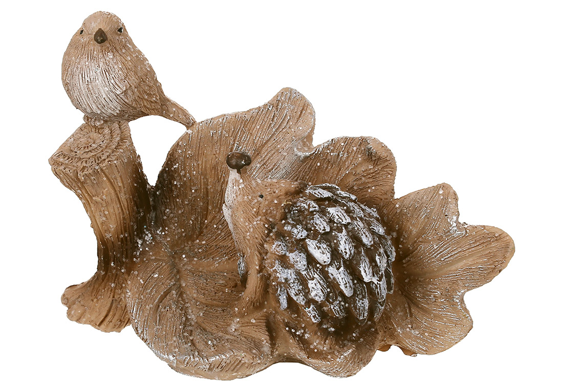 Декоративна фігура в глітері Лист із пташкою та їжачком 10см, колір - коричневий, декор: цукрова присипка, поталь срібло - Фото