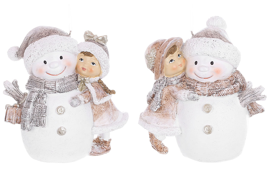 Декоративна підвіска Сніговик з дівчинкою 7*12см, 2 дизайни, колір - сірий з бежевим - Фото