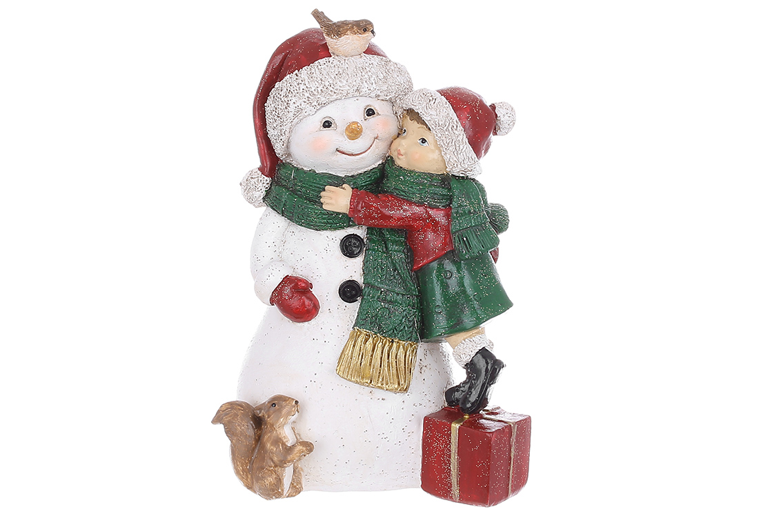 Декоративна статуетка Сніговик з дівчинкою 10*8.5*15.5см, колір - червоний із зеленим - Фото