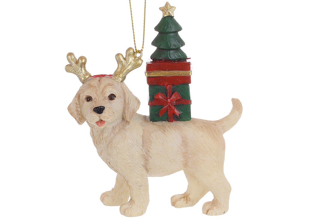 Декоративна підвіска Собака з подарунками 9.5*5*11см, колір - коричневий з червоним та зеленим - Фото