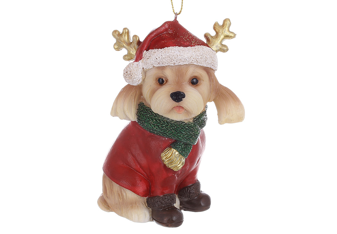 Декоративна підвіска Собака у светрі та шапці 8*5*10.5см, колір - світло-коричневий з червоним - Фото