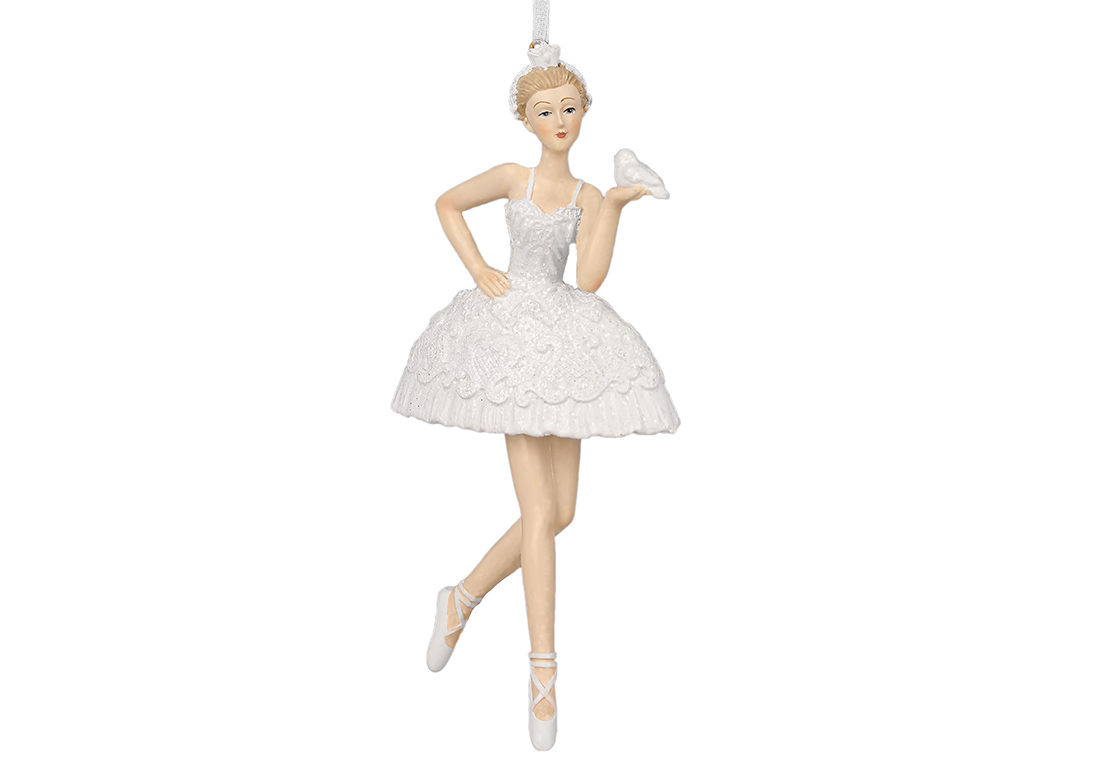 Ялинкова іграшка Балерина з пташкою 8х15см, колір - молочний білий - Фото