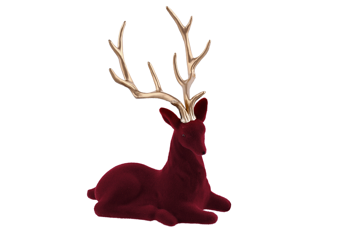 Новорічна декоративна фігура Олень 20*15см, колір - бордо флок із золотими рогами - Фото
