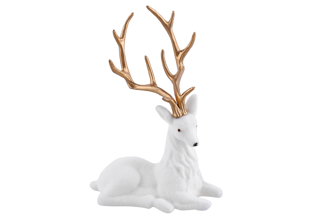 Новорічна декоративна фігура Олень 20*15см, колір - білий флок із золотими рогами - Фото