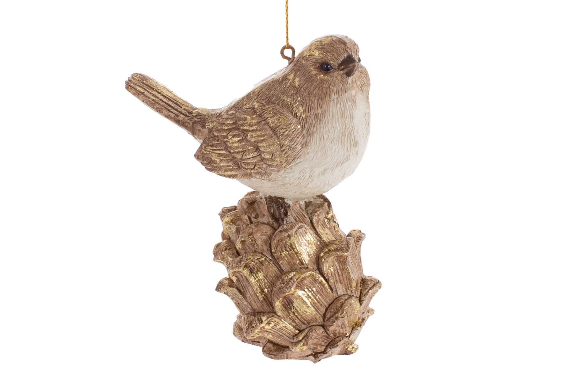 Декоративна підвісна фігурка Пташка на шишці, 10,5см, колір коричневий із золотом - Фото