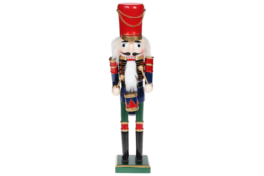 Новорічний декор Лускунчик з барабаном, 38см, колір - червоний із синім та зеленим - Фото