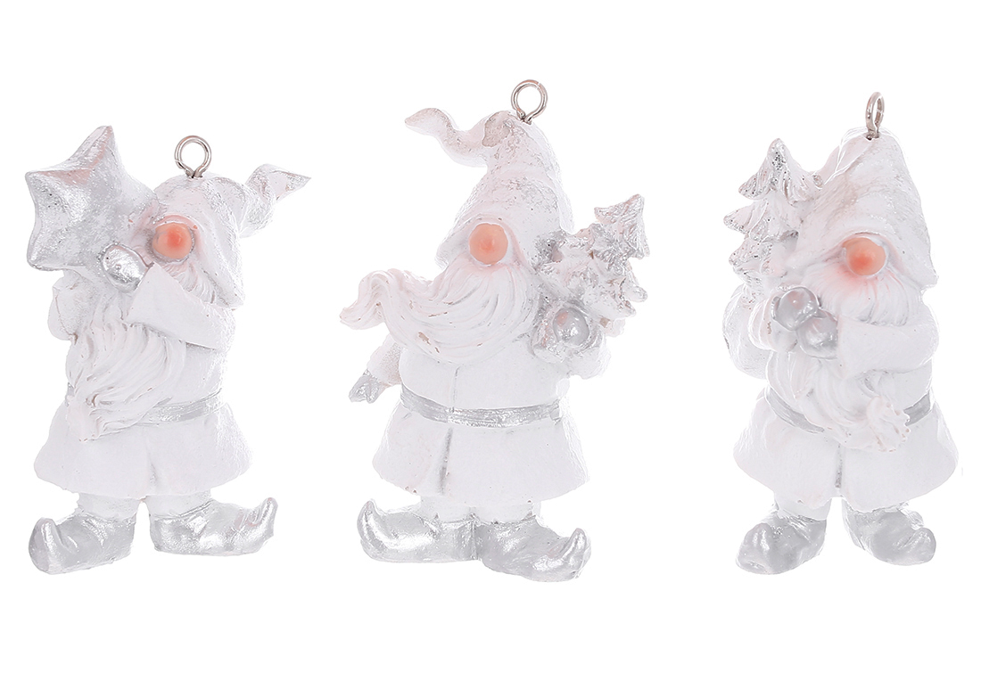 Декоративна підвісна фігурка Гном 7см, 3 дизайни, колір - білий зі сріблом - Фото